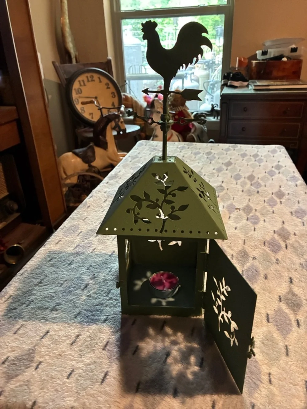 Olive Green Metal Rooster Lantern by